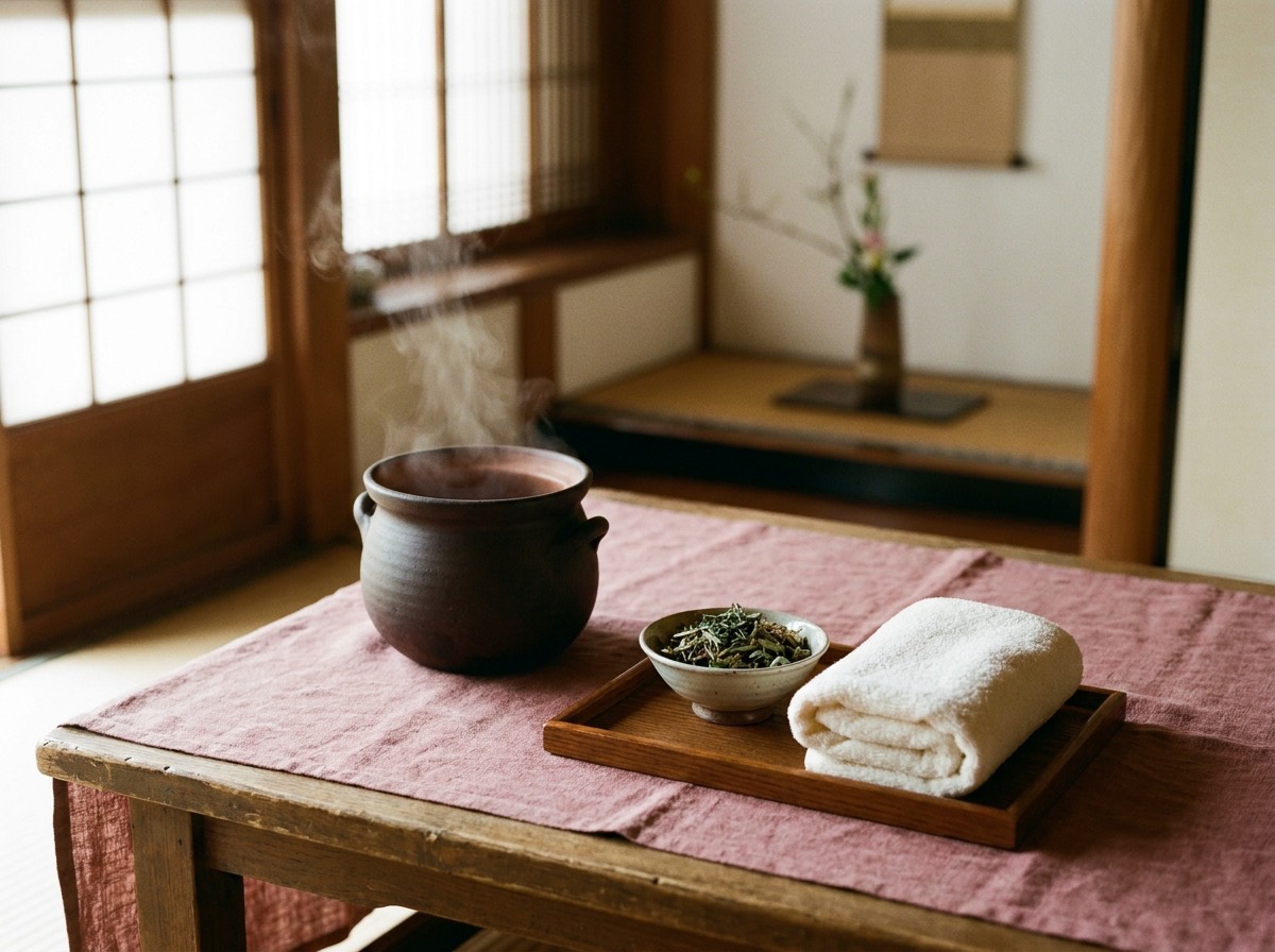 黄土の壺から蒸気が立ちのぼる漢方よもぎ蒸しの個室